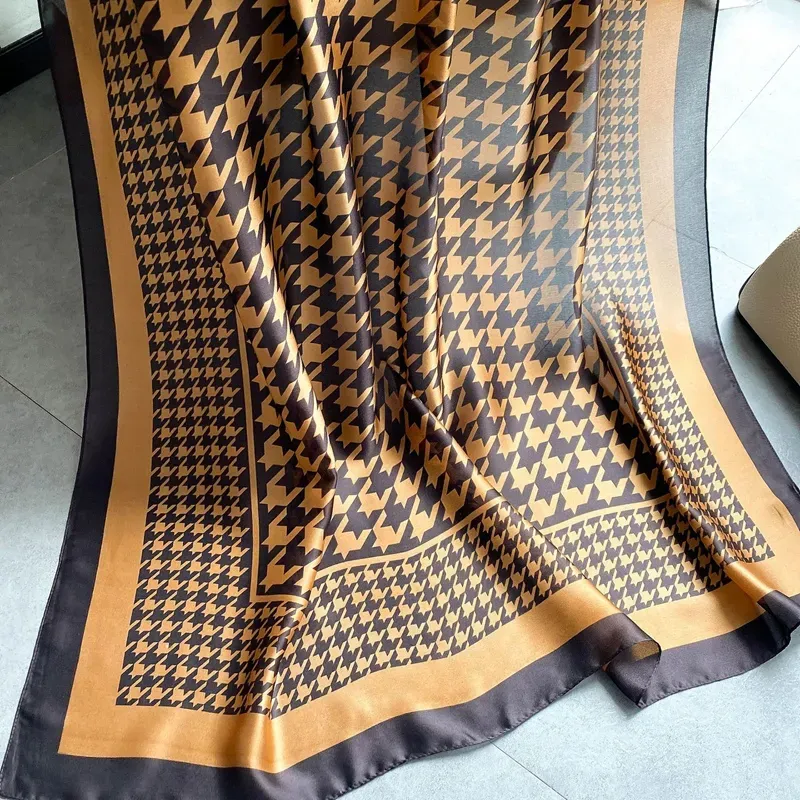 Vintage Houndstooth Print Silk Scarf Luxury Long Muslim Scarves For Women Hijab Musulman Femme Shawls and Wraps Foulard 180cm