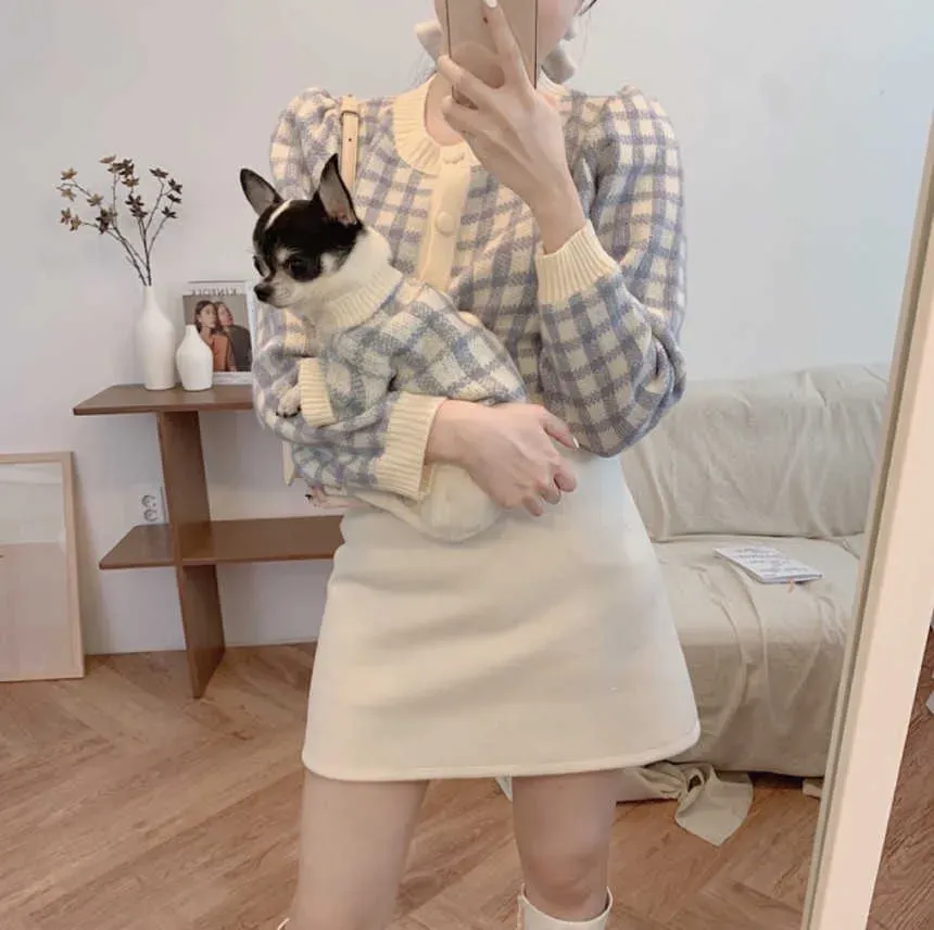 Ins style Korean Pink Plaid Blue Plaid cardigan autumn and winter warm small and medium-sized dog cat sweater pet warm