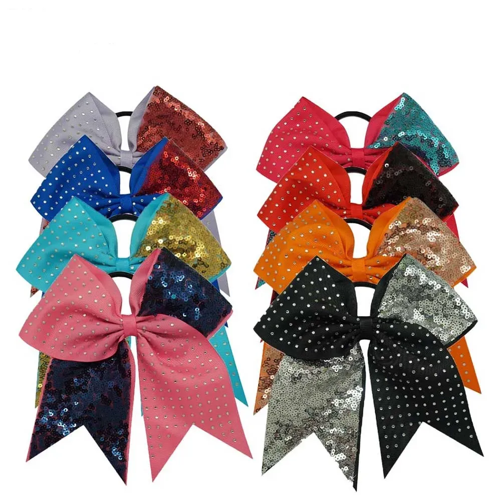 7`` Solid Sequins Rhinestone Boutique Grosgrain Ribbon Cheer Bow With Elastic Hair Bands For Cheerleading Girl Hair247L