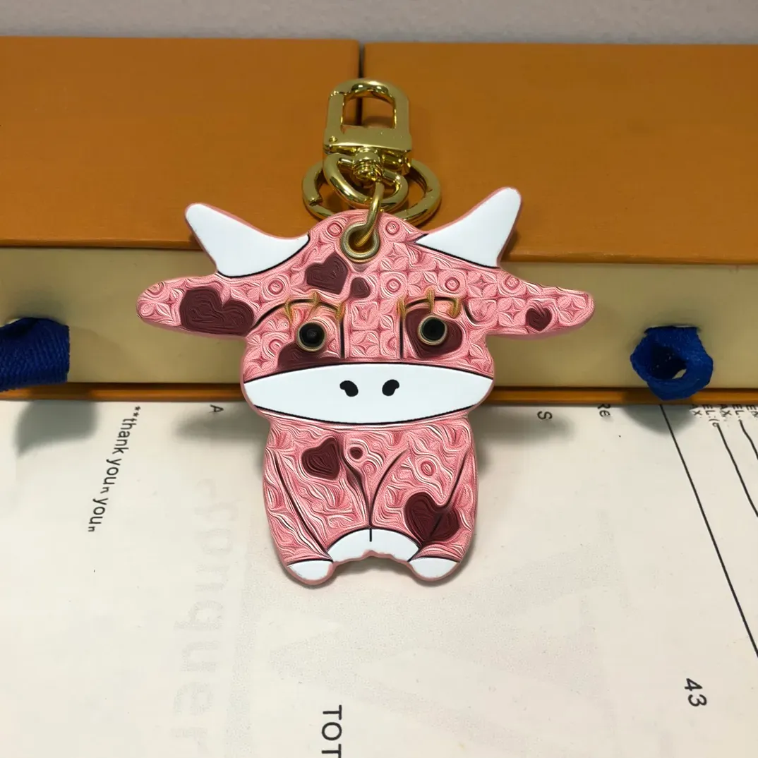 Cute pink calf brown puppy keychain Fun animal shape pendant retro abstract patterns Good-looking wild