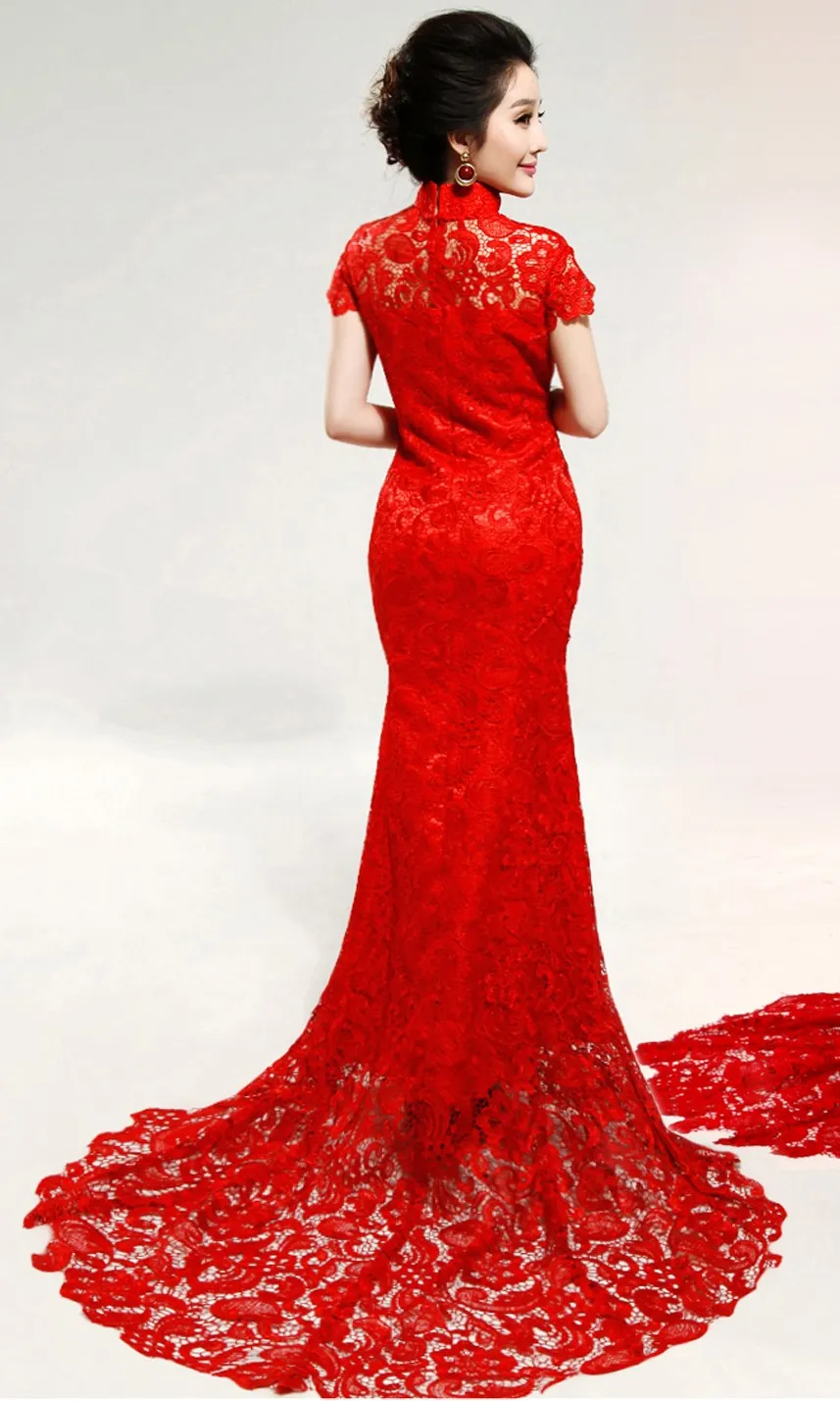 Konwencjonalne China Cheongsam Suknie ślubne 2015 Bez rękawów Mermaid Suknie ślubne Siez Siez Pociąg Applique Red Lace Wedding 202k
