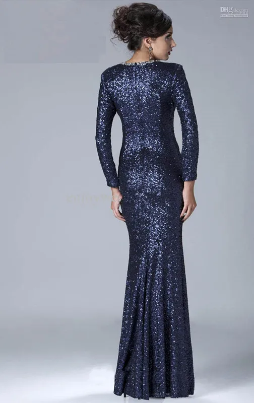 Navy Blue Long Sleeves Sequined Mermaid Long Evening Dresses Crystals Beaded Floor Length Party Prom Mother Dresses