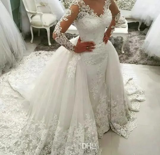 2019 Lace Bridal Dresses Illusion Long Sleeve Wedding Dresses A line Detachable Overskirt Wedding Gowns V Neck Bridal Gown robe de mariage
