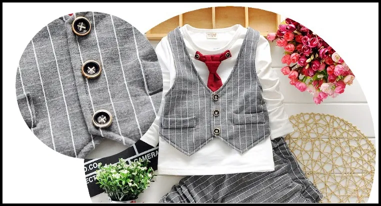 2015 HOT boys gentleman set 2-7Y Children's Autumn Suits clothes Outfits T Shirt+Pants+Plaid Vest+Tie MOQ:SVS0490