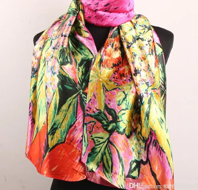 1 pièces Fuchsia Orange lys fleur et feuilles vertes foulards femmes mode Satin peinture à l'huile longue enveloppement châle plage foulard en soie 322x