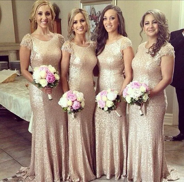  2015 Champagne Lace Sequins Bridesmaid Dresses With Short Lace Sleeves Crew Neck Long Sheath Wedding Party Dresses Evening Gowns Hot BO7240