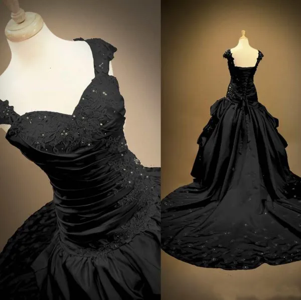 Einzigartige schwarze gotische Brautkleider Victorian A Line Ballkleid Capped Straps Perlen Spitze Appliques Lace-up zurück Brautkleider Kapelle Zug