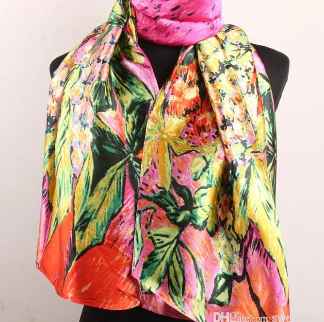 Fuchsia Orange Lily Flower And Green Leaves Scarves Women's Fashion Satin Oil Painting Long Wrap Shawl Beach Silk Scarf 243N