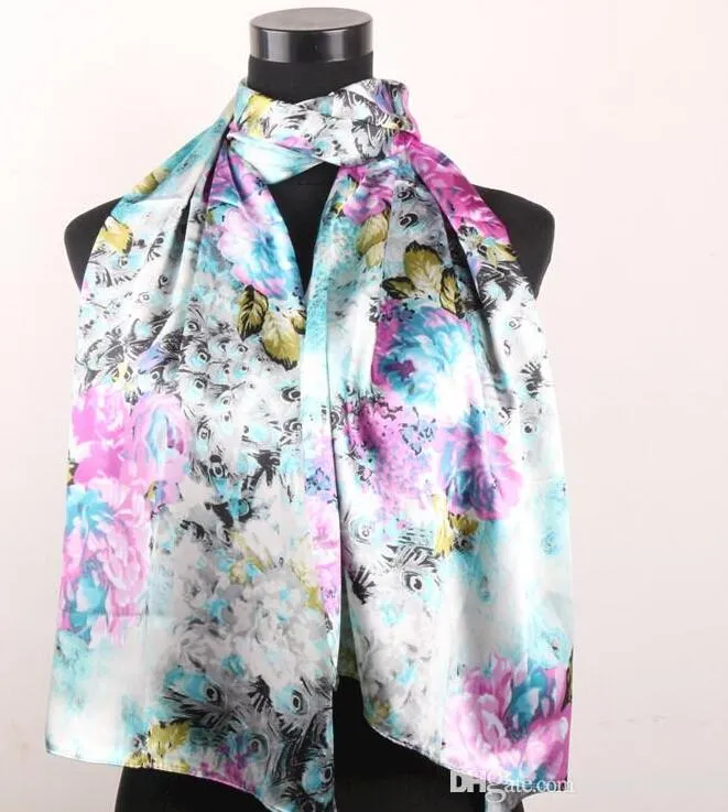 Fuchsia Pony Grey Silver Yellow Scarf Peacock Feathers Women's Fashion Satin Oil Painting Long Wrap Shawl Beach Silk 1602714