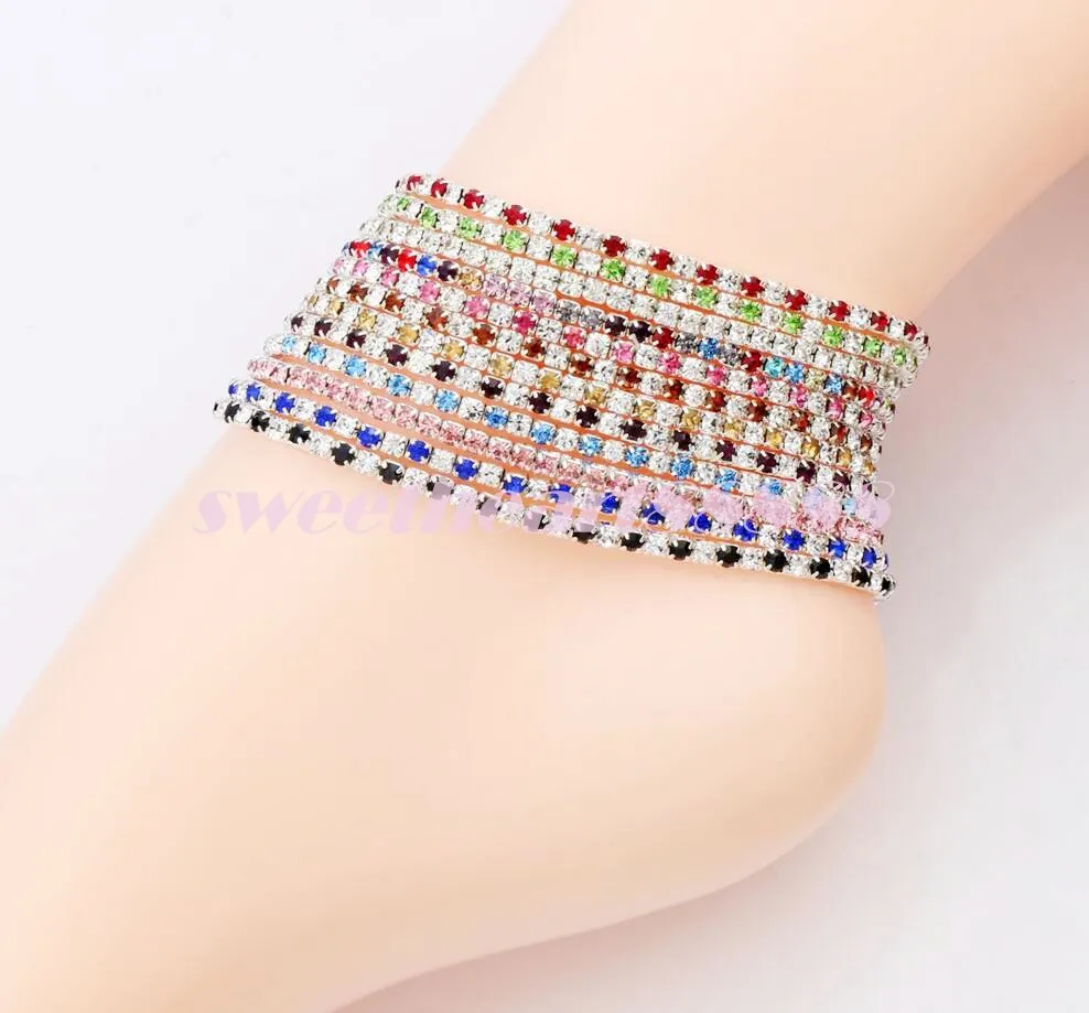 Silver Plated  Full Clear Colorful Rhinestone Czech Crystal Circle Spring Anklets Body Jewelry