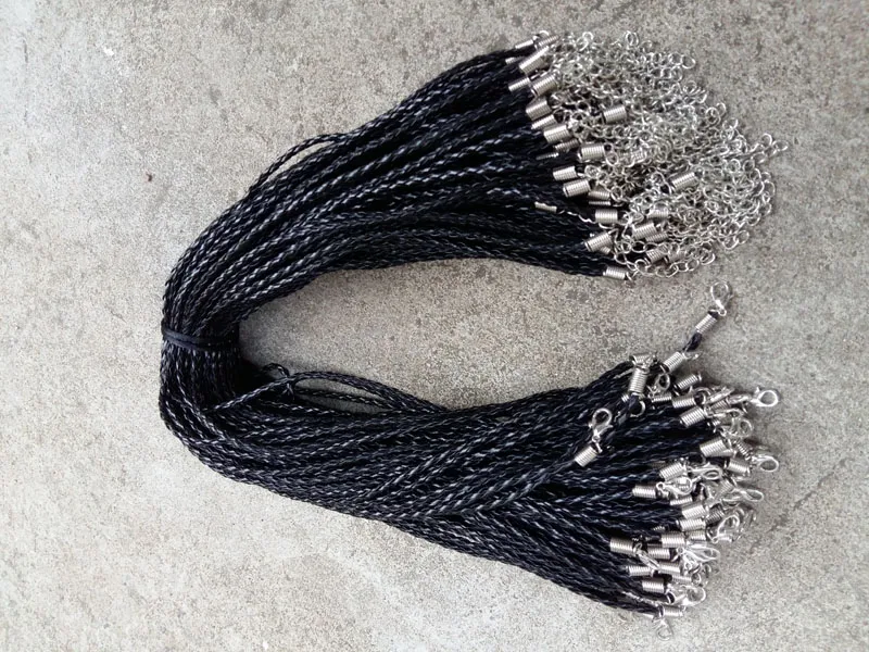 Cordons de collier tressés en cuir PU noir, 18, 20, 22, 24 pouces, 4mm, avec fermoir à homard, pour bricolage, C254o
