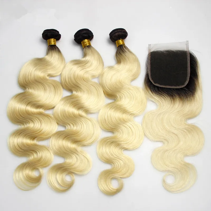 Body Wave Blonde Ombre-Webart mit Schnürverschluss 1b 613 Ombre 3 bündelt malaysisches reines Haar mit 4 * 4 Top Closure Zwei Tonbündel