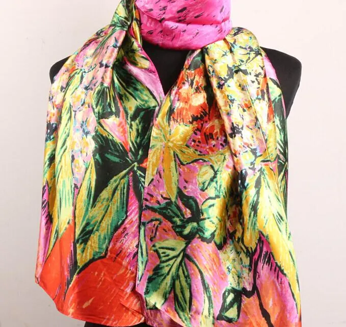 1 pièces Fuchsia Orange lys fleur et feuilles vertes foulards femmes mode Satin peinture à l'huile longue enveloppement châle plage foulard en soie 322x