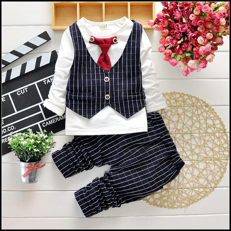 2015 HOT boys gentleman set 2-7Y Children's Autumn Suits clothes Outfits T Shirt+Pants+Plaid Vest+Tie MOQ:SVS0490