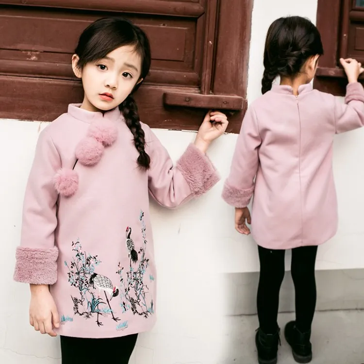 Kids Girls Dresses New Winter Chinese Cheongsam Style Thick Warm New Year Baby Girls Long Sleeve Princess Dresses For 2-8 Years 