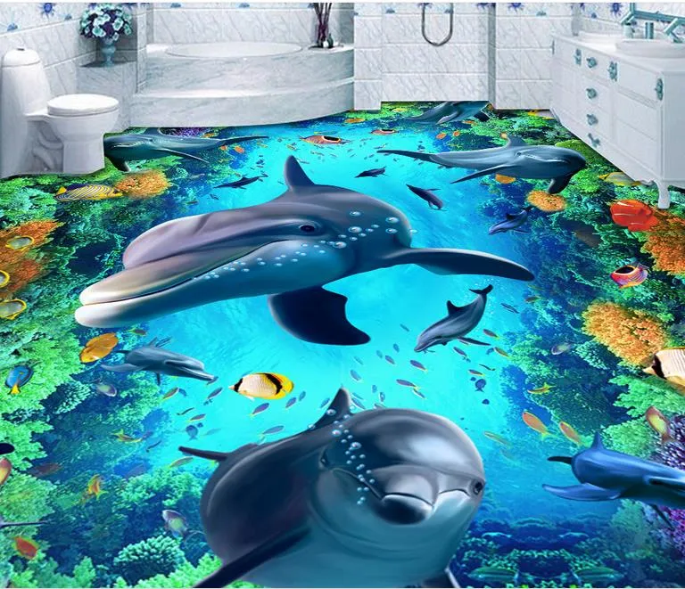 vinyl flooring bathroom Underwater world 3D  tiles floor three-dimensional painting background wall
