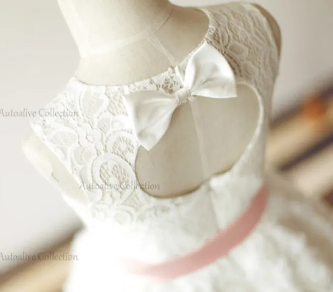 Lace Rosette Keyhole Flower Girl Dress/Communion/Baptism/Junior Bridesmaid Dress/Baby Girl Dress/Blush Pink Sash/Bow