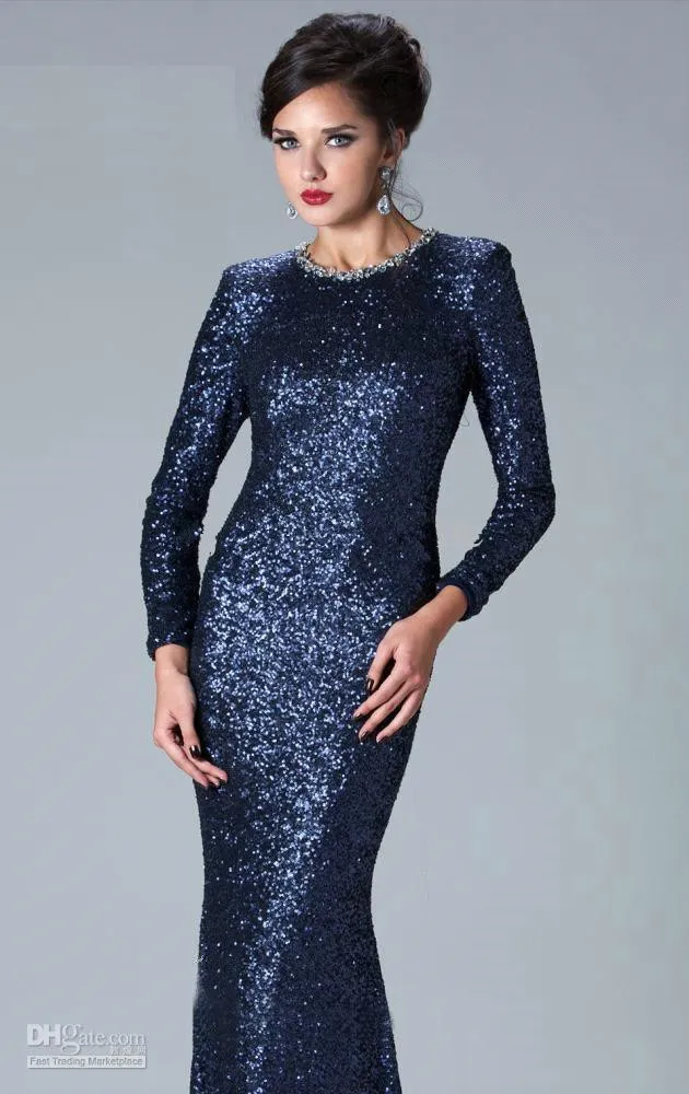 Navy Blue Long Sleeves Sequined Mermaid Long Evening Dresses Crystals Beaded Floor Length Party Prom Mother Dresses