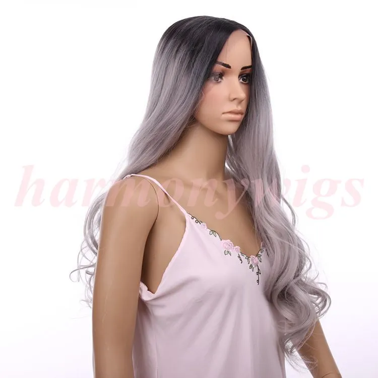 Synthetic Lace Front Wig Big wave Curly 18inch Ombre Tone Color Black&Grey Heat Resistant Hair Wigs