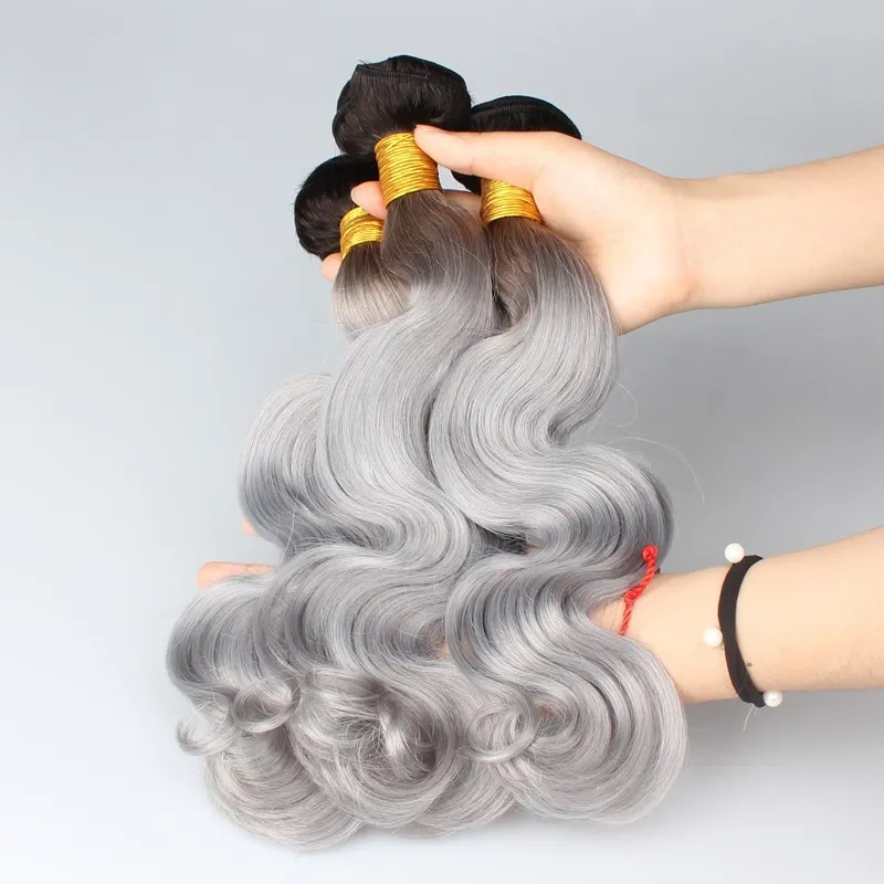Best Selling!! Silver Grey Ombre Human Hair Extensions ombre gray Brazilian virgin hair body wave 2 tone ombre grey Peruvian remy hair weave