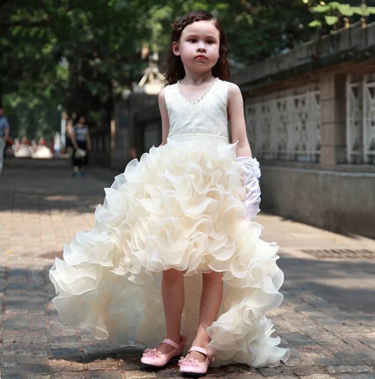 Empire V-Neck Wasit/Beads/Crystals Ruched Organza Birthday Pageant Wedding Hi-Lo Flower Girls Dresses