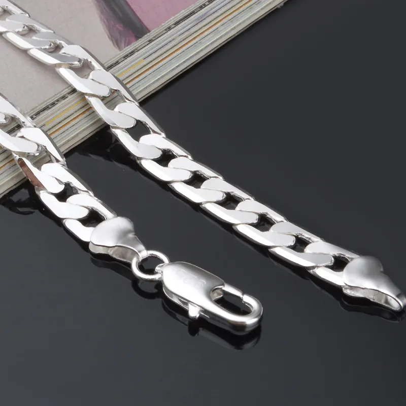 925 Sterling Silver plated 8mm 16'' 18'' 20 22'' 24'' Flat Chain Necklace Mens N3030
