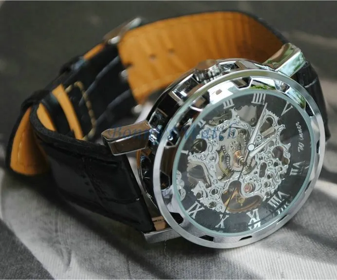 Winnaar Watch Vintage skelet transparante wieluitrusting totem sport militair horloges lederen band mechanisch automatisch polsWatch273a