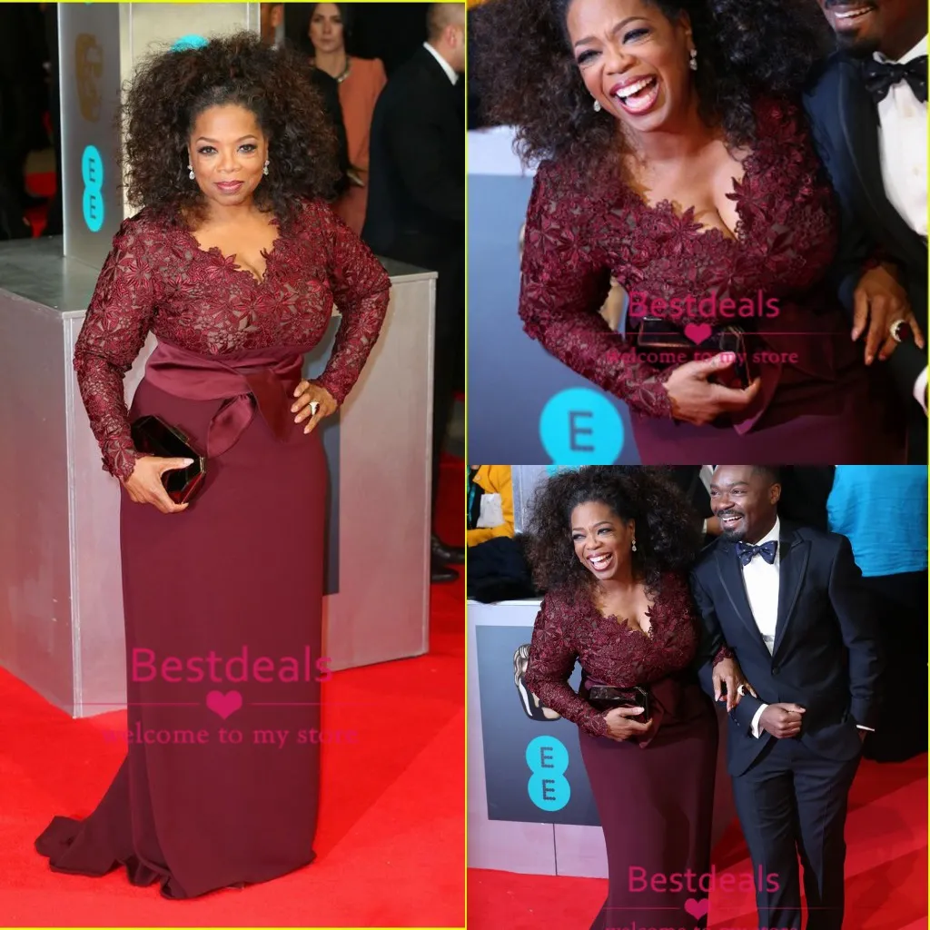  2014 Plus Size Evening Dresses Burgundy Oprah Winfrey Red Carpet Celebrity Dresses V Neck Long Sleeve Lace Sweep Train Evening Gowns BO6383