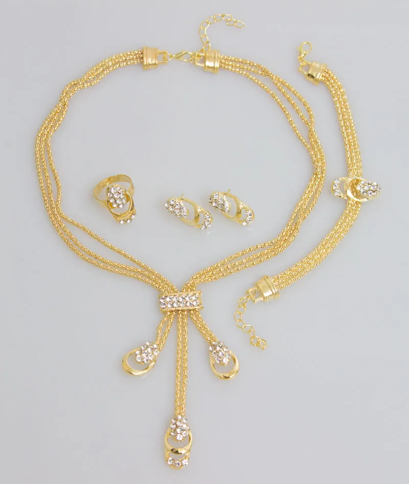 Nueva llegada de la manera chapado en oro perlas collar collar pendientes pulsera anillos finos establece el traje del partido para las mujeres