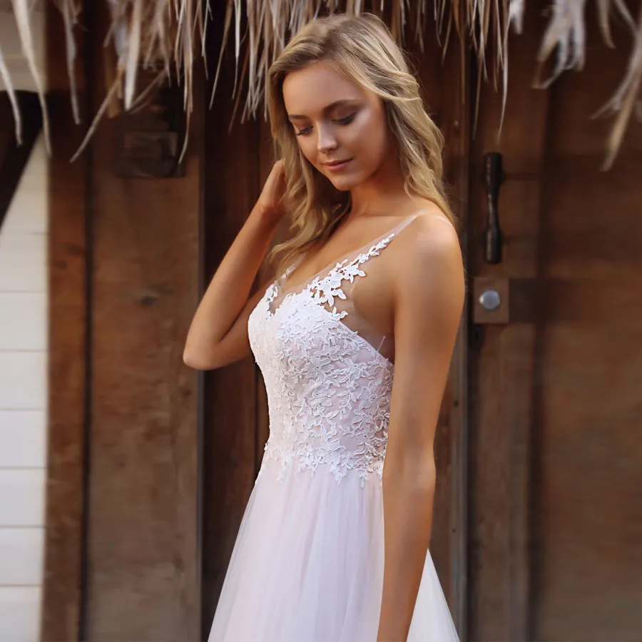 Soft Tulle Design Wedding Dresses Appliques Illusion Strap sexy Back Beach Bridal Gowns vestidos de novia 2019