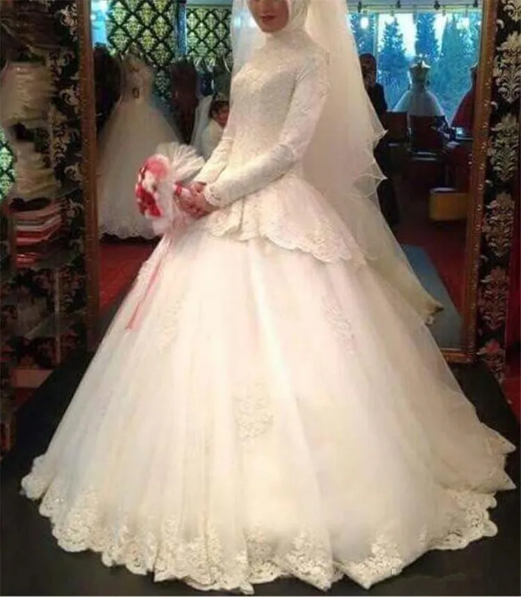 Modest Ball Gown Wedding Dresses 2019 Ivory Lace Long Sleeve Bridal Gowns Custom Made High Neck Plus Size Muslim Wedding Dress