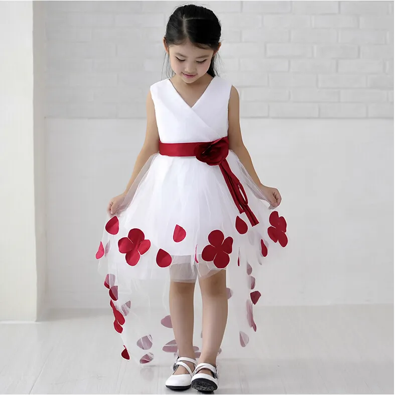 Good Quality Elegant Ball Gown Asymmetrical V-Neck Hi-lo Flower Girl Dress With Red Sash