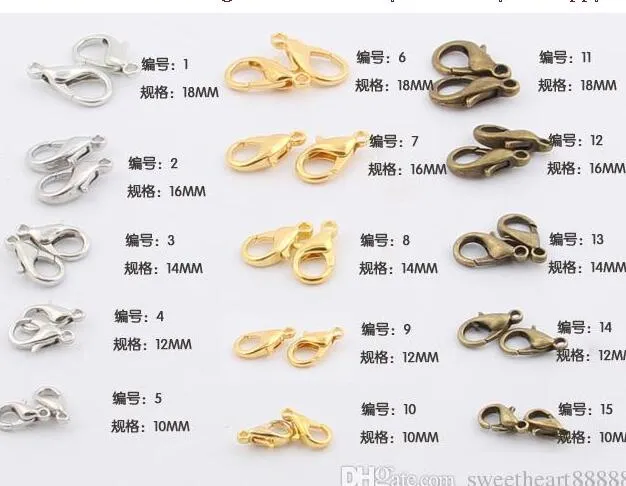 MIC NEW 10MM 12MM 14MM 16MM 18MM SILVER GULD BRONSE PLATED Legering Lobster Clasps Clasps310q