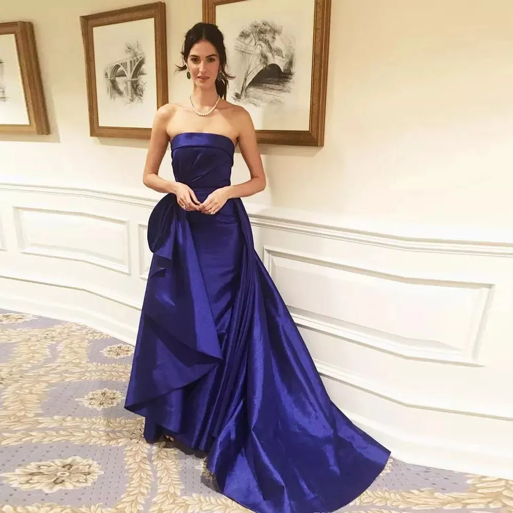 Royal Blue Strapless Mermaid Evening Dresses Ruched Elegant Taffeta Evening Gowns for Women Long Train Celebrity Dresses