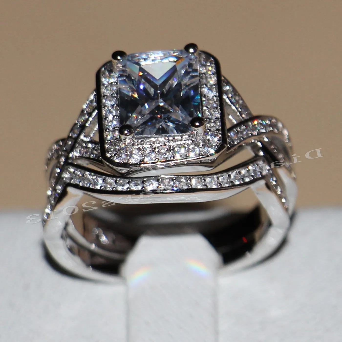 4ct 2016 새로운 인기 보석 10kt 화이트 골드로드 토파즈 시뮬레이션 다이아몬드 공주 여성 결혼 약혼 반지 세트 292d