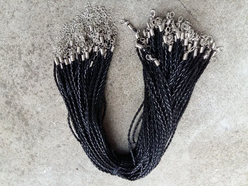 Cordons de collier tressés en cuir PU noir, 18, 20, 22, 24 pouces, 4mm, avec fermoir à homard, pour bricolage, C226g