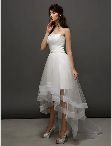 2016 New Hot Fashion Ball Gown Ivory Asymmetrical Strapless Sleeveless Tulle Wedding Dresses 003