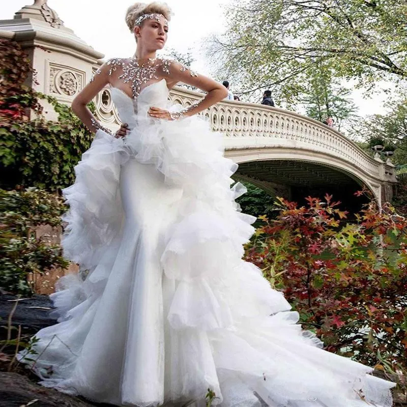 Glamorous Rhinestones Beaded Wedding Dresses 2016 Sheer High Neck Illusion Long Sleeve Mermaid Bridal Gowns With Detachable Train Vestidos