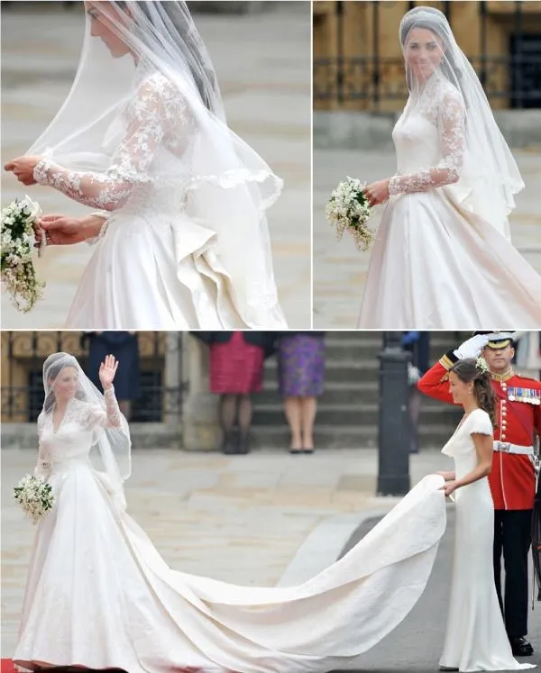 Impresionantes vestidos de novia Kate Middleton Vestidos de novia modestos reales Encajes Mangas largas Volantes Tren de la catedral por encargo Novias de alta calidad
