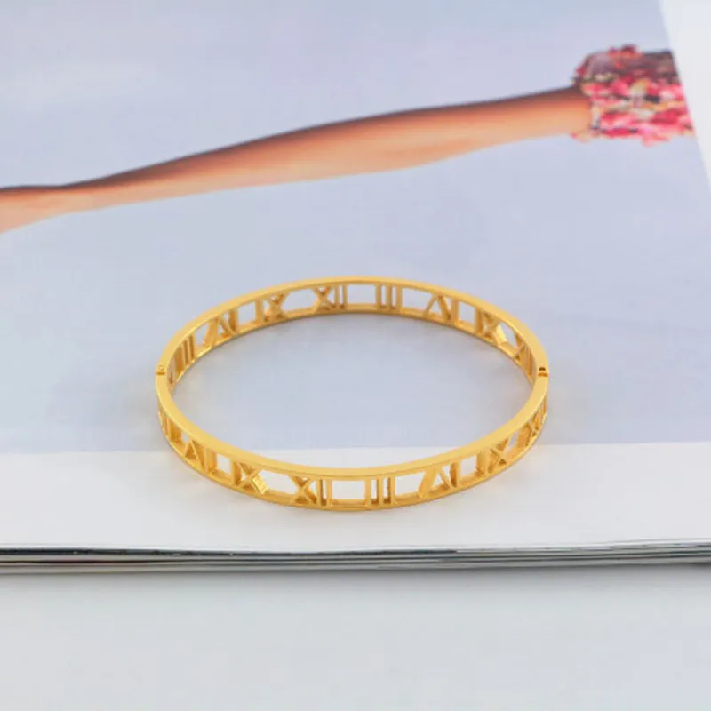 2014 Hot fashion silver rose/yellow gold 316L stainless steel hollow roman numbers cuff bracelet jewelry for women