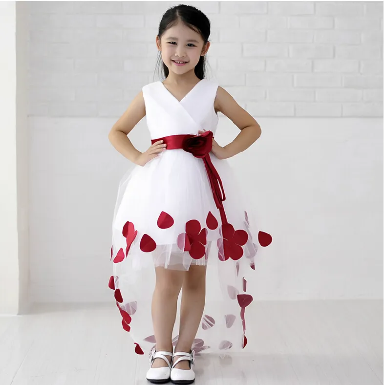 Good Quality Elegant Ball Gown Asymmetrical V-Neck Hi-lo Flower Girl Dress With Red Sash