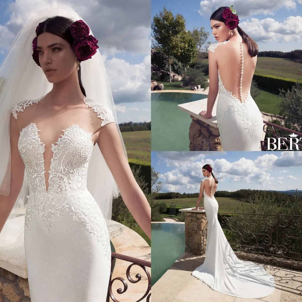  2016 New Design Berta Ivory Lace Mermaid Wedding Dresses Gorgeous Sheer Crew High Neck Cap Sleeves Illusion Back With Button Bridal Gowns