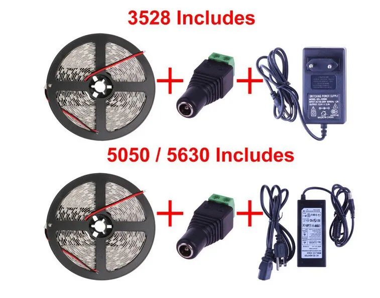 12V flexibel LED -strip ljus 5m 300 LED 5630 5050 3528 SMD DC CONNECTER 12V 6A Strömförsörjning Adapter kall varm vit blå röd gre211a