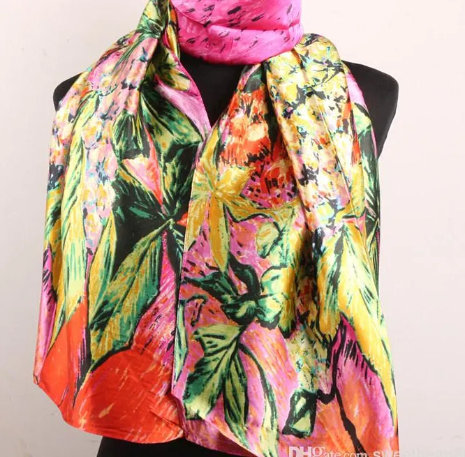 1 pièces Fuchsia Orange lys fleur et feuilles vertes foulards femmes mode Satin peinture à l'huile longue enveloppement châle plage foulard en soie 322x
