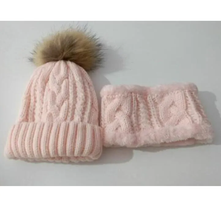 Ensemble écharpe et chapeau d'hiver pour enfants, chapeau en boule de fourrure de raton laveur, bonnets Pom pom, casquette polaire chaude pour bébés filles, Set294h