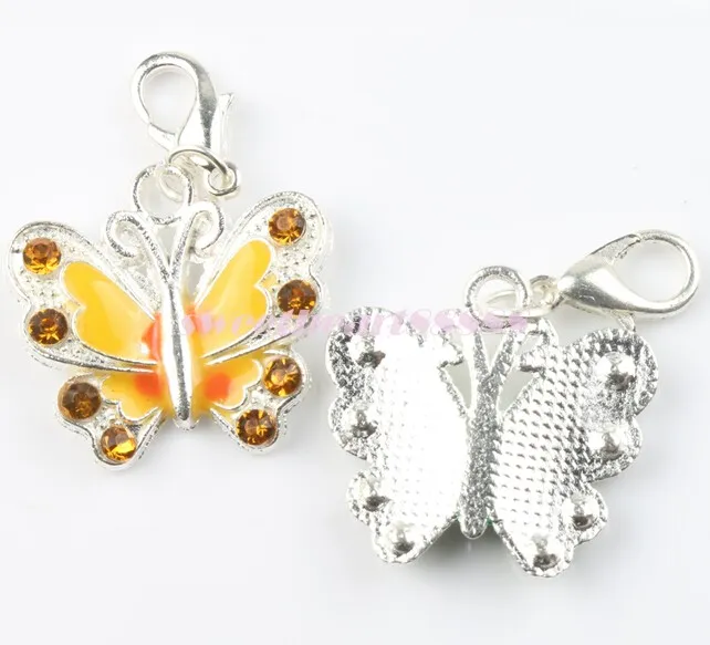 Enamel Butterfly Rhinestone Charms 22x35 mm Heart Floating Lobster Clasps Charm for Glass Living Memory Locket C199V