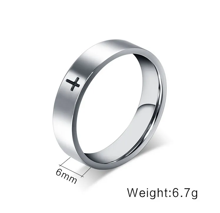 Gravação de anéis cruzados simples de prata de 6 mm em joias religiosas de aço inoxidável 184S