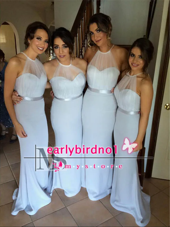 2015 Nueva llegada Vestidos de dama de honor Halter Sheer Tulle Ribbon Sash Spring Wedding Dresses Light Sky Blue Mermaid Wedding Party Vestido de noche
