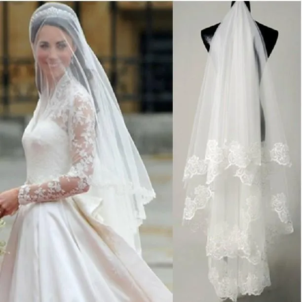 2015 Prenses Kate Gelin Veils Stokta Ucuz Dantel Düğün Peçe Ücretsiz Kargo Düğün Aksesuarları Gelin Peçe Parmak Uzunluğu Custom Made