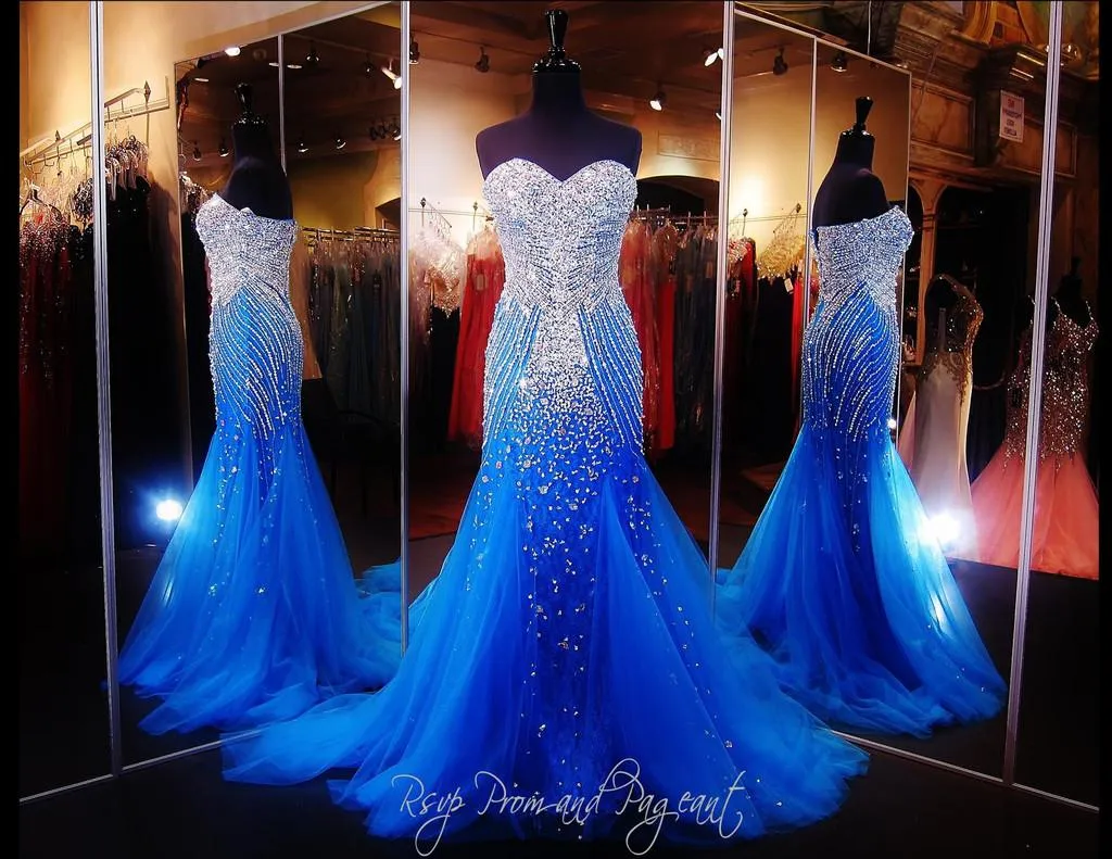  2015 Royal Blue Mermaid Prom Dress Luxury Sweetheart Sparkly Crystal Beading Sweep Train Tulle Evening Dresses Women Formal Pageant Gowns